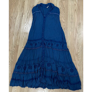 Free People Blue Maxi Dress Tiered XS Button Down Embroidered Boho Festival